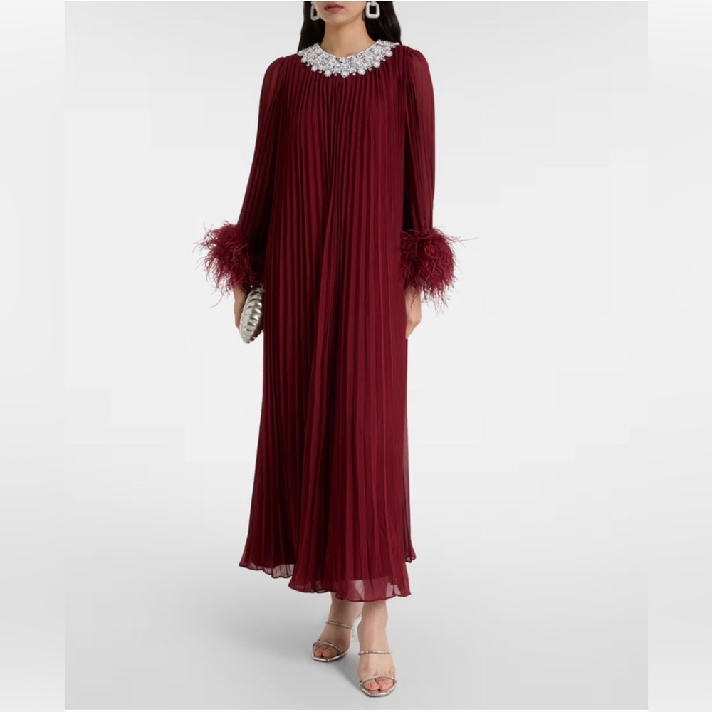 Self Portrait Red Embellished Feather-Trimmed Chiffon Maxi Dress US 6